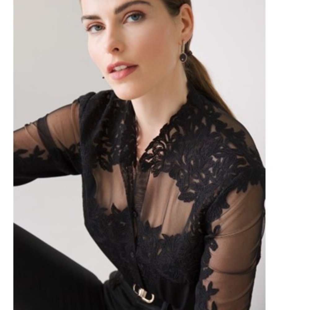 White House Black Market Sheer Lace-Accent Black Blouse